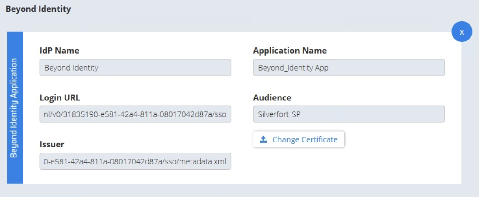 Configuration details for Beyond Identity application including IdP name and login URL.