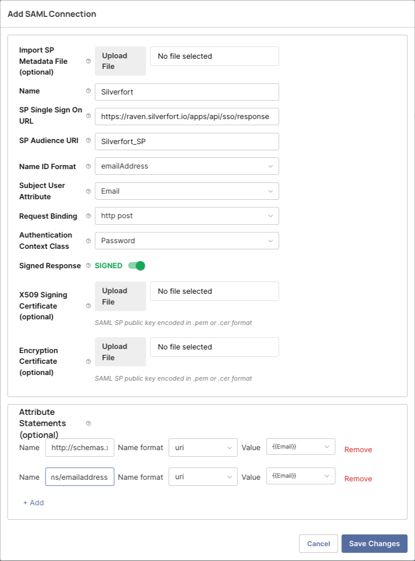 Form for adding a SAML connection with various configuration options displayed.