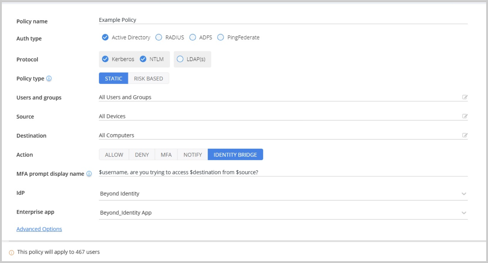 Configuration settings for an identity policy including authentication types and actions.