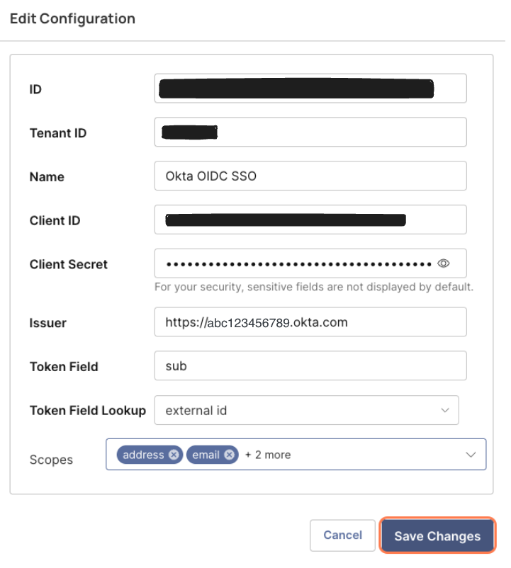 Configuration settings for Okta OIDC SSO, including issuer and token fields.