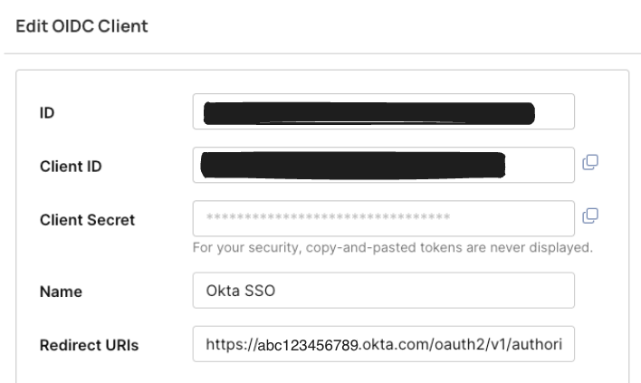 Editing OIDC client settings including ID, Client ID, and Redirect URIs.