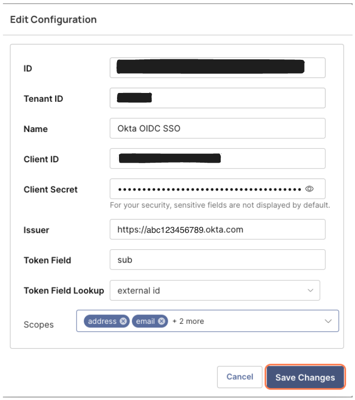 Configuration settings for Okta OIDC SSO, including client ID and secret fields.