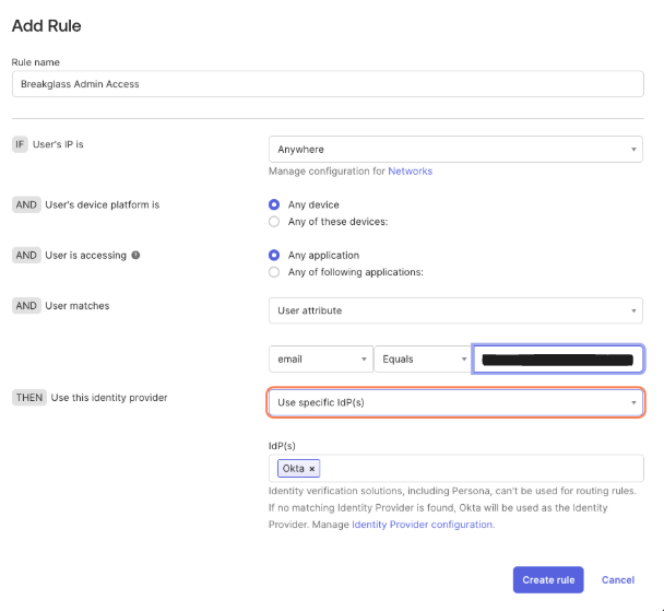 Configuration settings for Breakglass Admin Access with user attributes and identity provider options.