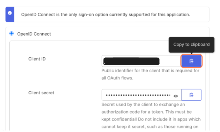 OpenID Connect sign-on options with highlighted Client ID and Client Secret fields.