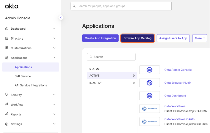 Okta Admin Console displaying application management options and integration features.