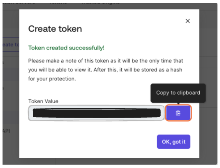 A notification confirming successful token creation with a copy option highlighted.