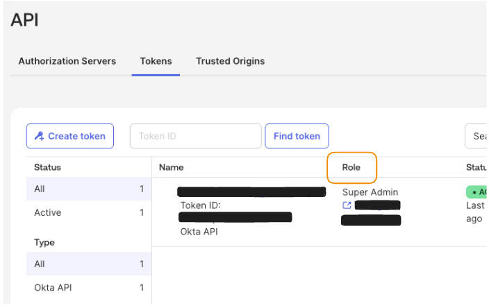 API tokens management interface showing roles and token details for users.