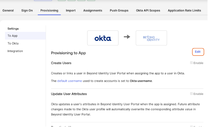 Provisioning settings for Okta and Beyond Identity, including user creation and attributes update.