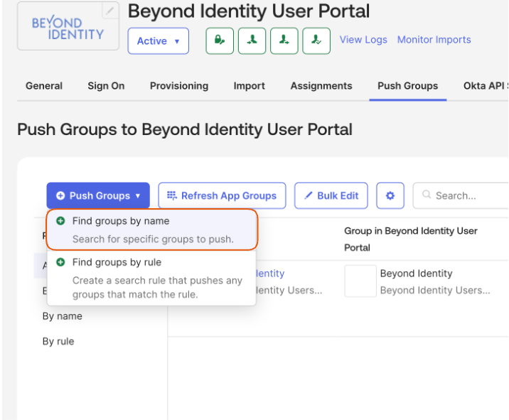 User portal interface showing options to find groups by name or rule.